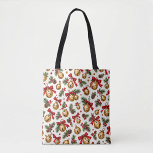 Waterverf Kerstklokjes en Dennenpatroon Tote Bag