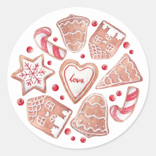 Waterverf Kerstkoekjes Kerstmis Ronde Sticker (Voorkant)