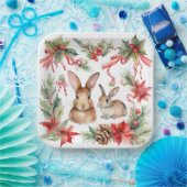 Waterverf Kerstkonijnen Rood Goud Bloem Papieren Bordje (Feest)