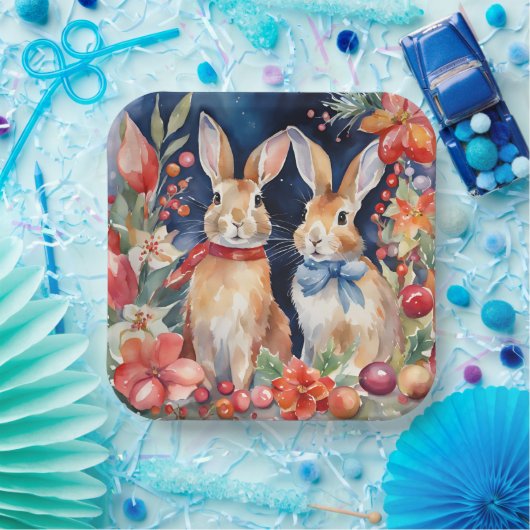 Waterverf Kerstkonijnen Rood Goud Bloem Papieren Bordje (Feest)