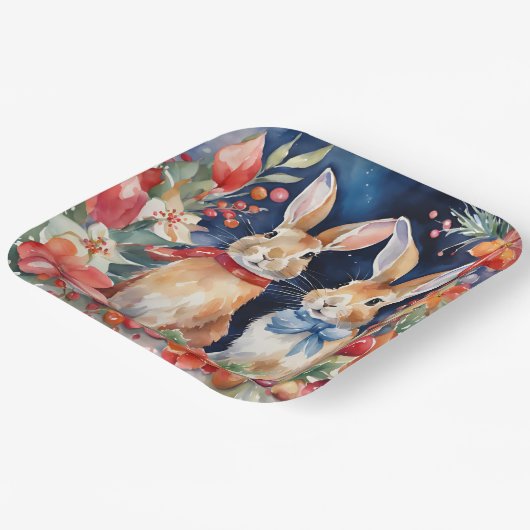 Waterverf Kerstkonijnen Rood Goud Bloem Papieren Bordje (Gebogen)