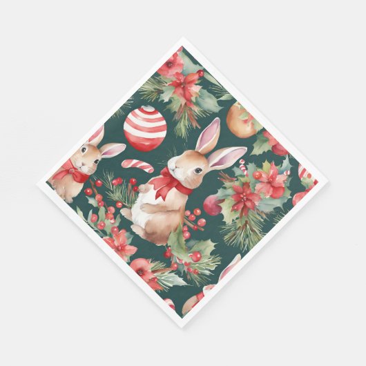 Waterverf Kerstkonijnen Rood Goud Bloem Servet (Hoek)