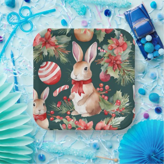 Waterverf Kerstkonijnen Rood Groen Bloemen Papieren Bordje (Feest)