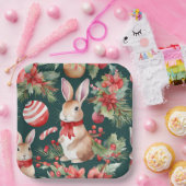 Waterverf Kerstkonijnen Rood Groen Bloemen Papieren Bordje (Feest)