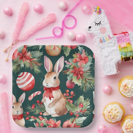 Waterverf Kerstkonijnen Rood Groen Bloemen Papieren Bordje (Feest)