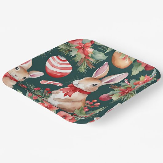 Waterverf Kerstkonijnen Rood Groen Bloemen Papieren Bordje (Gebogen)