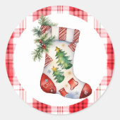 Waterverf Kerstkous met Plaid Ronde Sticker (Voorkant)