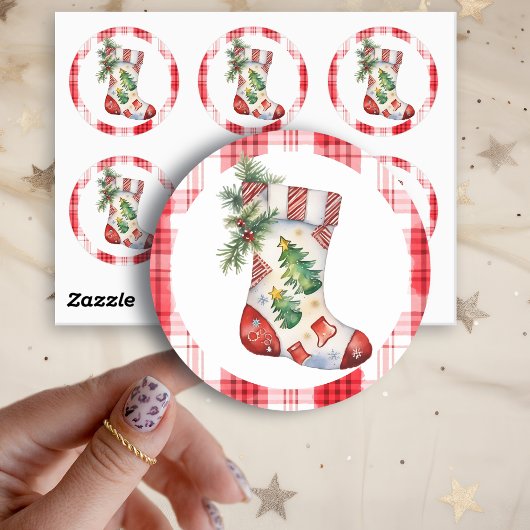 Waterverf Kerstkous met Plaid Ronde Sticker