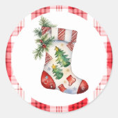 Waterverf Kerstkous met Plaid Ronde Sticker (Voorkant)