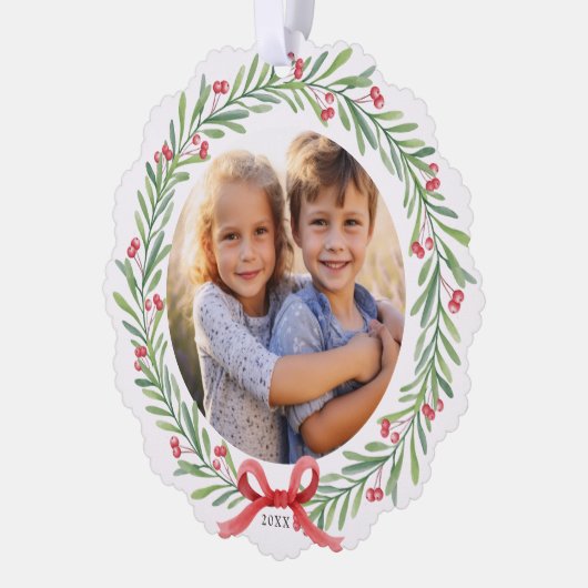 Waterverf Kerstkrans Aangepaste fotobrief Ornament Kaart (Links)