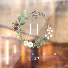 Waterverf Kerstkrans Familie Monogram Raamsticker