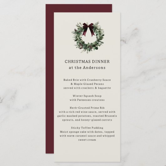 Waterverf kerstkrans feestelijk diner menu (Voorkant / Achterkant)