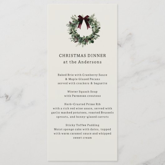 Waterverf kerstkrans feestelijk diner menu (Voorkant)