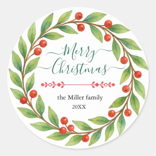 Waterverf kerstkrans met aangepaste tekst ronde sticker (Voorkant)