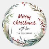 Waterverf Kerstkrans met liefde van Ronde Sticker (Voorkant)