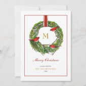 Waterverf kerstkrans met monogram feestdagenkaart (Voorkant)