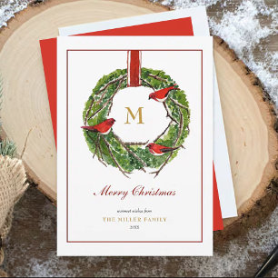 Waterverf kerstkrans met monogram feestdagenkaart