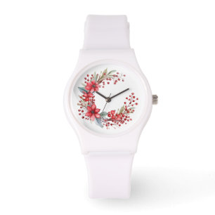 Waterverf Kerstkrans Poinsettia Holly Berry Horloge