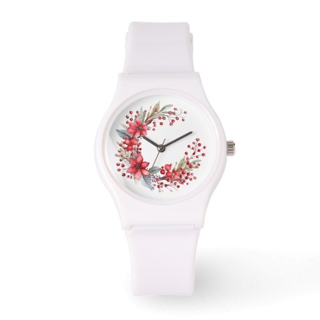 Waterverf Kerstkrans Poinsettia Holly Berry Horloge (Voorkant)