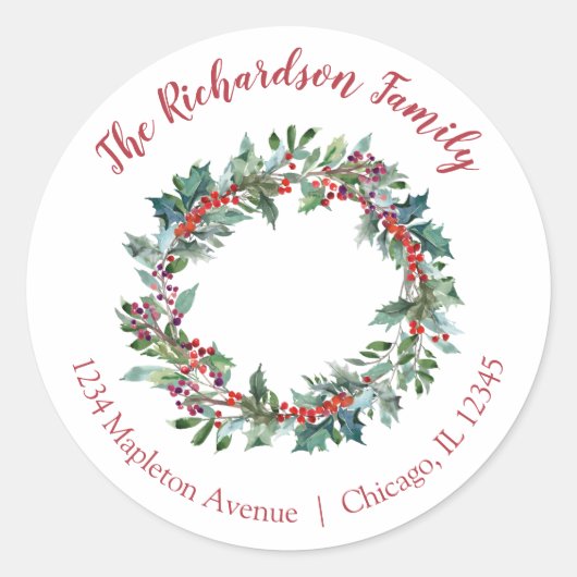 Waterverf Kerstkrans retour adreslabels Ronde Sticker (Voorkant)
