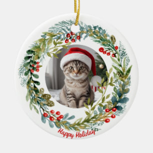 Waterverf Kerstkrans Schattige Kat Keramisch Ornament