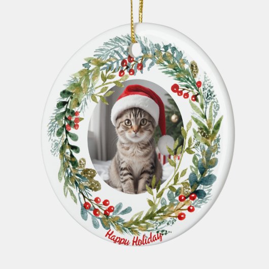 Waterverf Kerstkrans Schattige Kat Keramisch Ornament (Links)