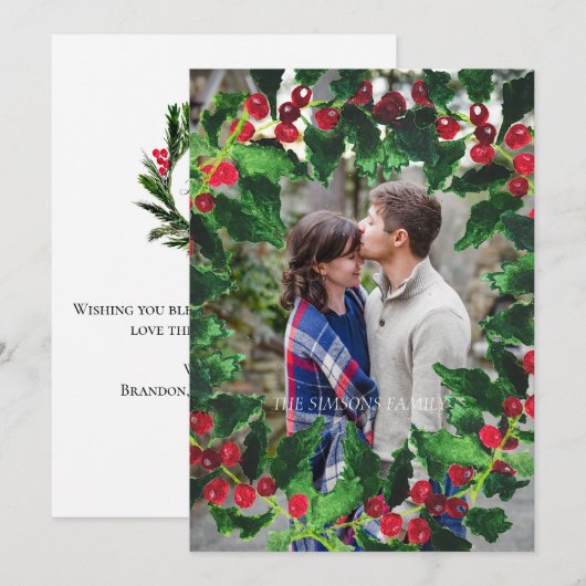 Waterverf Kerstkrans Vrolijk en helder Foto Feestdagenkaart (Voorkant / Achterkant)