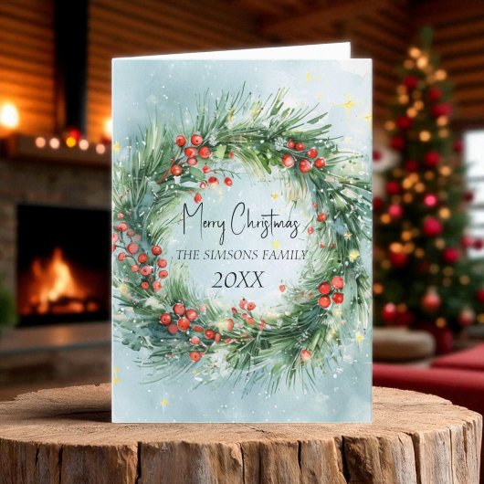 Waterverf Kerstkrans Wintergroen Feestdagen Kaart