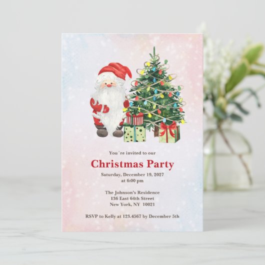 Waterverf kerstman en kerstboom met geschenken kaart (Staand voorkant)