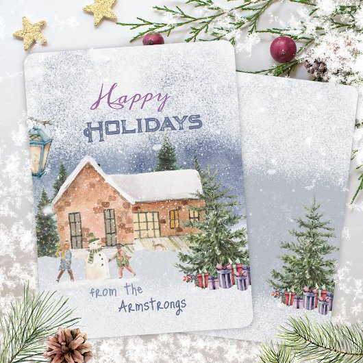 Waterverf Kerstman Familie Scene Feestdagenkaart