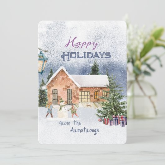 Waterverf Kerstman Familie Scene Feestdagenkaart (Staand voorkant)