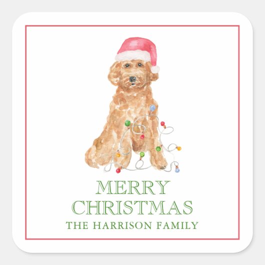 Waterverf Kerstman Hond Cadeauverblijf Vierkante Sticker (Voorkant)
