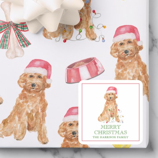 Waterverf Kerstman Hond Cadeauverblijf Vierkante Sticker