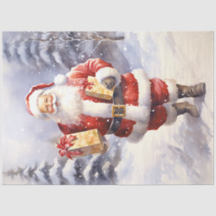 Waterverf kerstman in besneeuwd bos tissuepapier