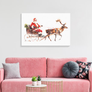 Waterverf Kerstman in de sneeuw Canvas Afdruk
