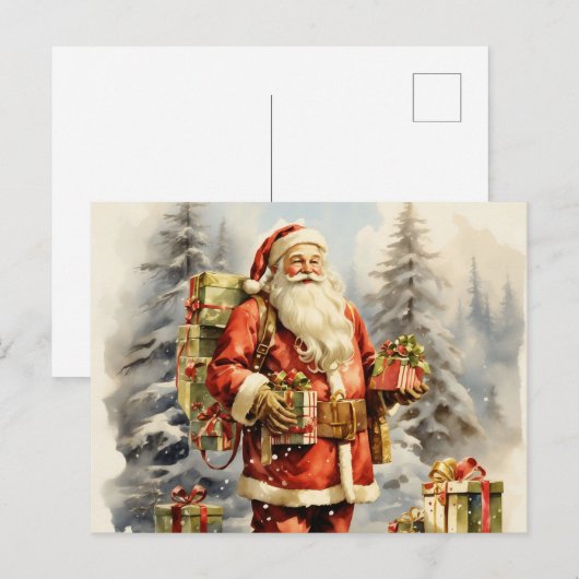 Waterverf Kerstman met Cadeaus Feestdagenkaart (Voorkant / Achterkant)
