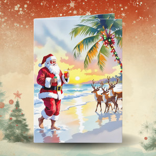 Waterverf Kerstman & Rendieren op het Strand Kerst Feestdagen Kaart