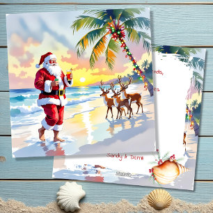 Waterverf Kerstman & Rendieren op het Strand Kerst Feestdagenkaart