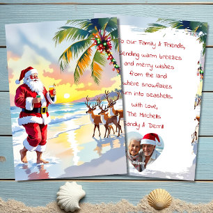 Waterverf Kerstman & Rendieren op het Strand Kerst Feestdagenkaart