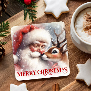 Waterverf Kerstman Rudolph Kerst Coaster voor Kind Kartonnen Onderzetters