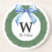Waterverf Kerstmis blauw Bow Monogram Zandsteen Onderzetter (Voorkant)