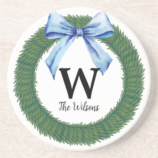 Waterverf Kerstmis blauw Bow Monogram Zandsteen Onderzetter (Voorkant)