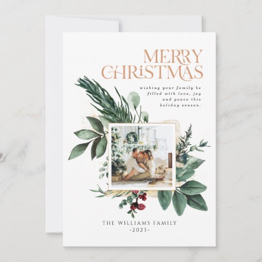 Waterverf Kerstmis Botanisch gebladerte één foto Feestdagenkaart (Voorkant)