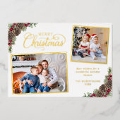 Waterverf Kerstmis Botanische Pine 2 Foto Goud Folie Feestdagenkaart (Voorkant)