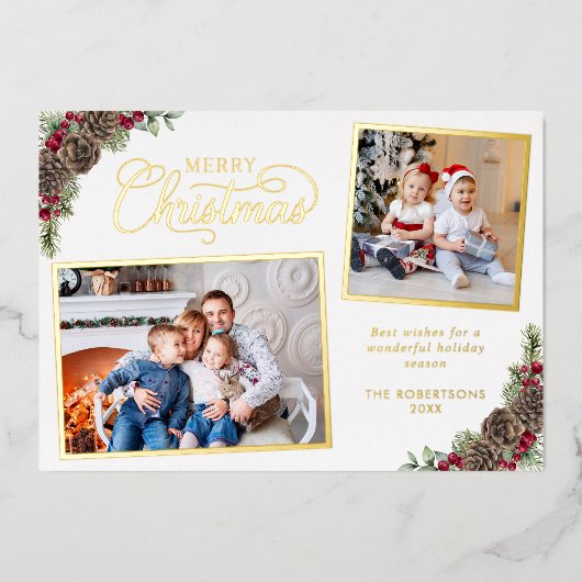 Waterverf Kerstmis Botanische Pine 2 Foto Goud Folie Feestdagenkaart (Voorkant)