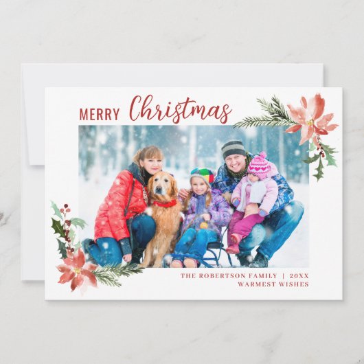 Waterverf Kerstmis Botanische Poinsettia 2 Foto Feestdagenkaart (Voorkant)