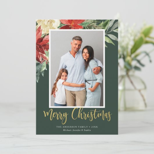 Waterverf Kerstmis Floral Green Foto Feestdagenkaart (Staand voorkant)