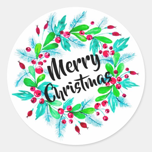 Waterverf Kerstmis Floral Wreath Merry Kerstmis Ronde Sticker (Voorkant)