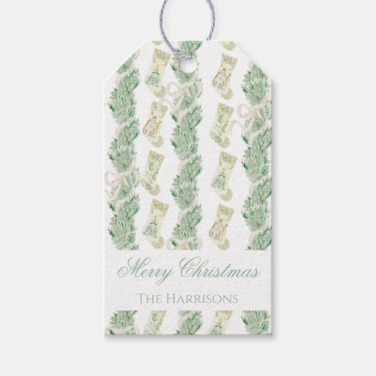 Waterverf Kerstmis Garland Bedford Stockings Cadeaulabel (Voorkant)
