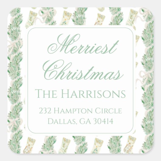Waterverf Kerstmis Garland Bedford Stockings Vierkante Sticker (Voorkant)
